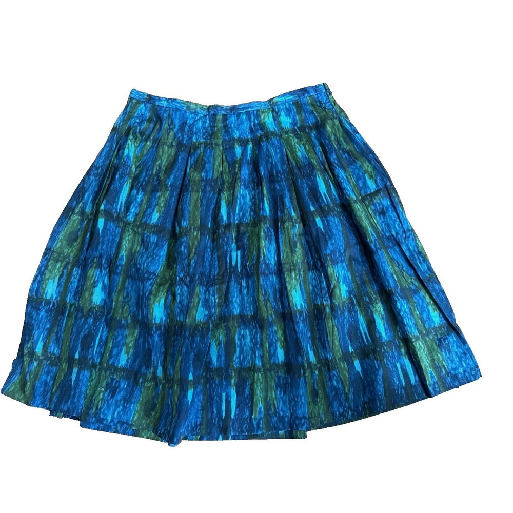 Talbots 14 Blue Green Watercolor Pleated Midi Skirt Cotton Blend Abstract A-Line